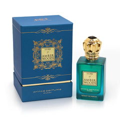 Prince Parfums Dubai Amber Woods bottle closeup highlighting warm amber and cedar notes for evening wear.