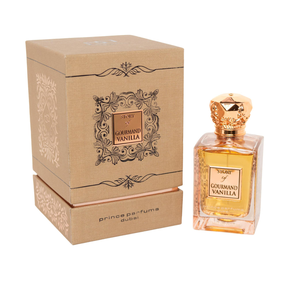 Prince Parfums Dubai Gourmand Vanilla bottle close-up highlighting extrait de parfum strength for long wear.