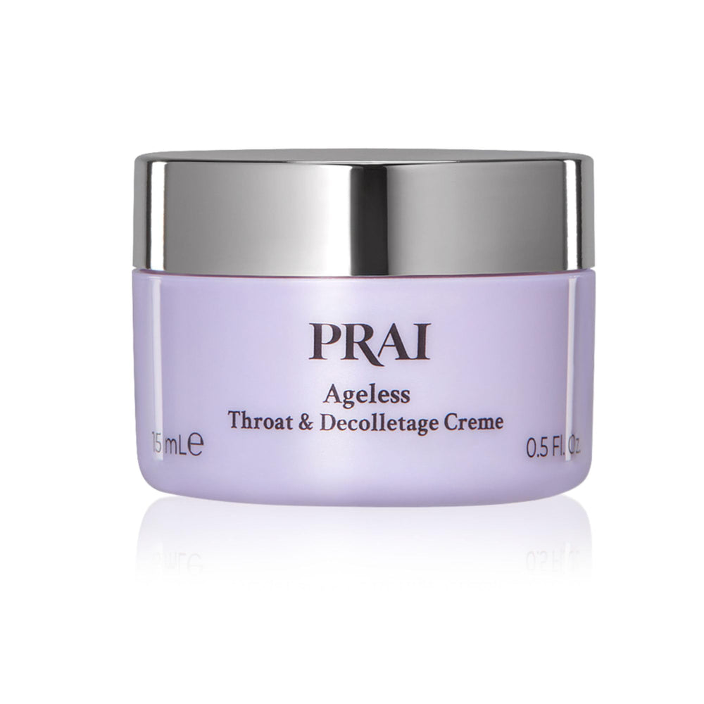 PRAI neck creme bottle in hand for daily tightening routine.