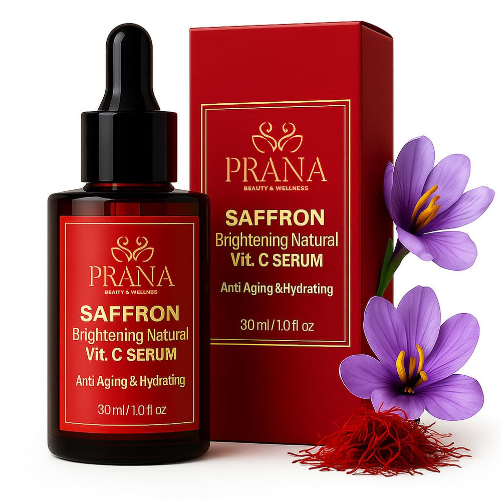PRANA Saffron Brightening Serum bottle shows a lightweight, hydrating formula for radiant skin.