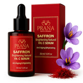 PRANA Saffron Brightening Serum bottle shows a lightweight, hydrating formula for radiant skin.