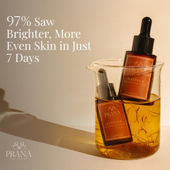 PRANA Saffron Brightening Serum ingredients illustration highlights saffron, blue lotus, vetiver, and manjistha.