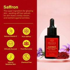PRANA Saffron Brightening Serum label closeup emphasizes natural ingredients and clean skincare.