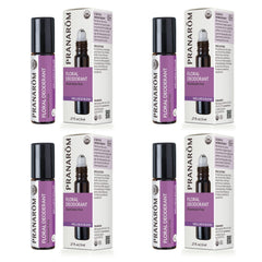 Pranarom floral deodorant roller four-pack bottles for natural odor control.