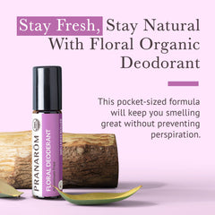 Pranarom floral deodorant roller with lavender oil for freshness.