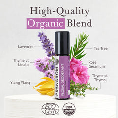 Pranarom floral deodorant roller uses organic ingredients from around the world.