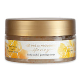 Pre de Provence Honey Collection scrub jar close-up showing natural exfoliant for smoother skin.