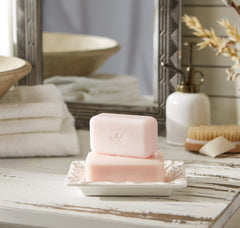 Lily of the Valley fragrance from Pre de Provence fills the bathroom subtly.