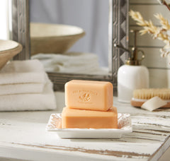 Luxurious persimmon soap lather by Pre de Provence on skin