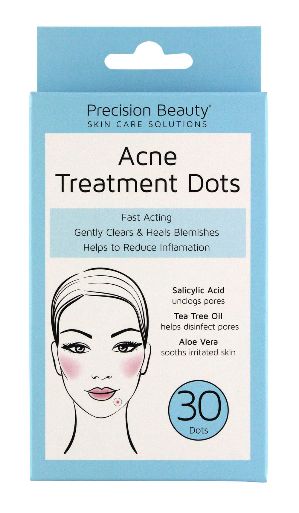Precision Beauty acne patch applied to a pimple for targeted spot care and calming effect.