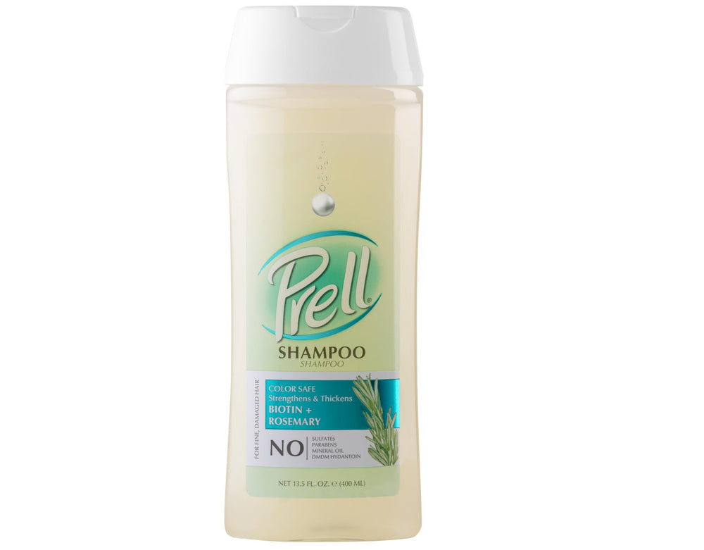 Prell Biotin Rosemary Shampoo bottle front highlights strength-boosting formula for fine hair