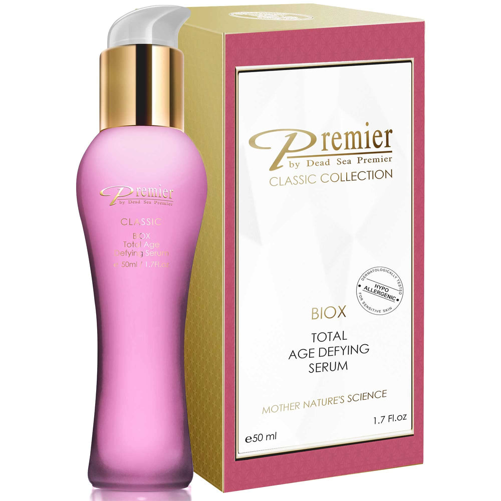 Premier Dead Sea BIOX Serum bottle close-up shows silky, non-greasy texture.