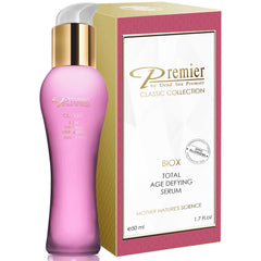 Premier Dead Sea BIOX Serum bottle close-up shows silky, non-greasy texture.