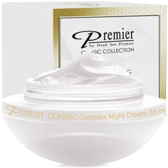 Premier Dead Sea Classic Night Cream jar close-up shows rich texture for overnight hydration
