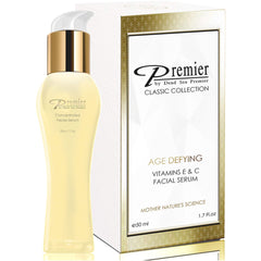 Premier Dead Sea Vitamin C Serum bottle with dropper for brightening and hydration.