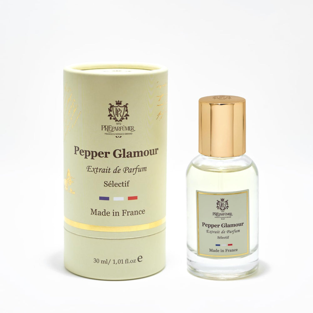 PREparfumer Pepper Glamour bottle front view, showcasing the spicy floral essence for daytime allure.