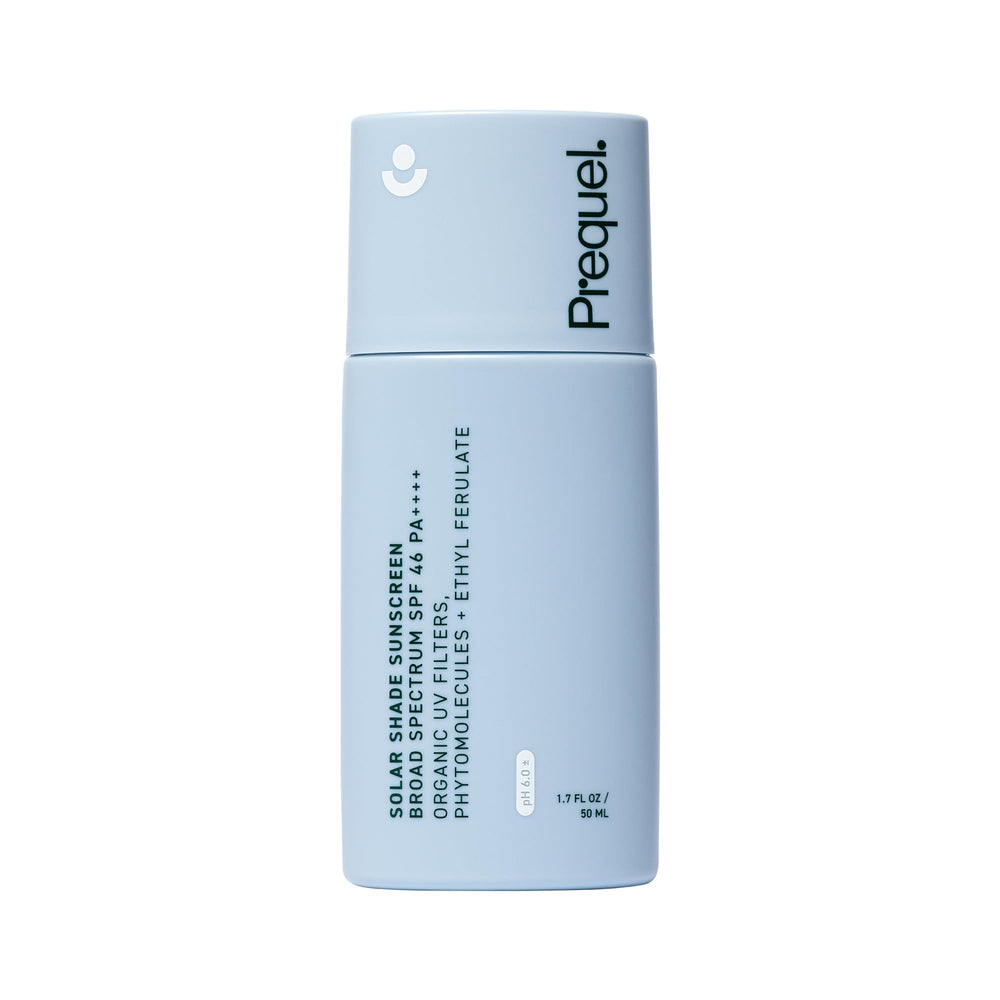 Prequel Skin Solar Shade bottle closeup, highlighting hydrating sun protection for daily use.