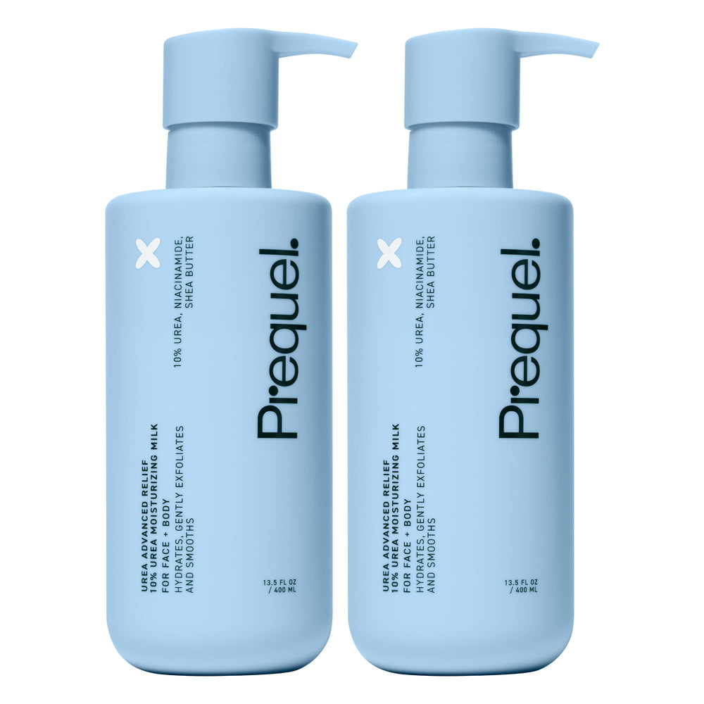 Prequel Skin Urea Advanced Relief Milk bottle front for deeply hydrating, unscented moisture.
