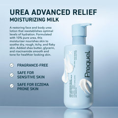 Prequel Skin Urea Advanced Relief Milk label closeup highlights 10% urea for moisture retention.