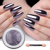 Pretty Diva Chrome Nail Powder jar close-up reveals silvery black mirror finish for stunning nail art.