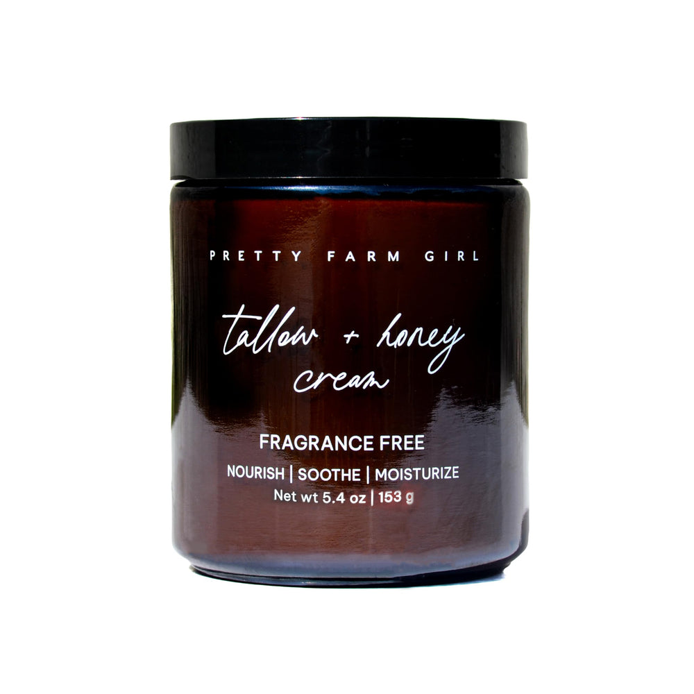 Pretty Farm Girl Tallow + Honey Body Butter jar closeup shows rich hydration for dry skin