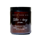 Pretty Farm Girl Tallow + Honey Body Butter jar closeup shows rich hydration for dry skin