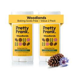 Pretty Frank Woodlands deodorant stick 2-pack for on-the-go odor protection.