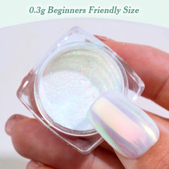 Pretty Diva aurora iridescent chrome nail powder on nail for glow effect