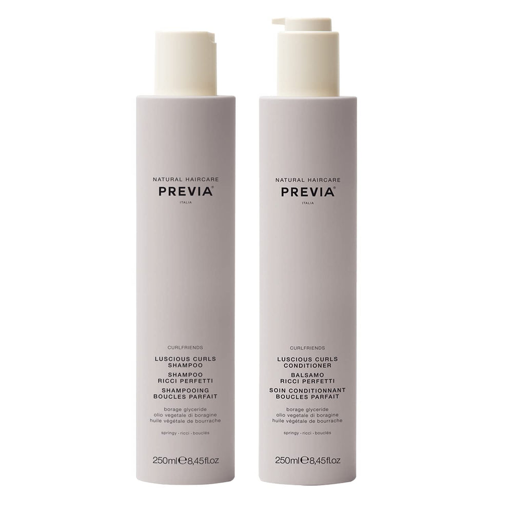 PREVIA Curlfriends Shampoo bottle front shows a hydrating formula for curls.