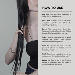 PREVIA frizz-control detangle leave-in spray on model hair in daylight