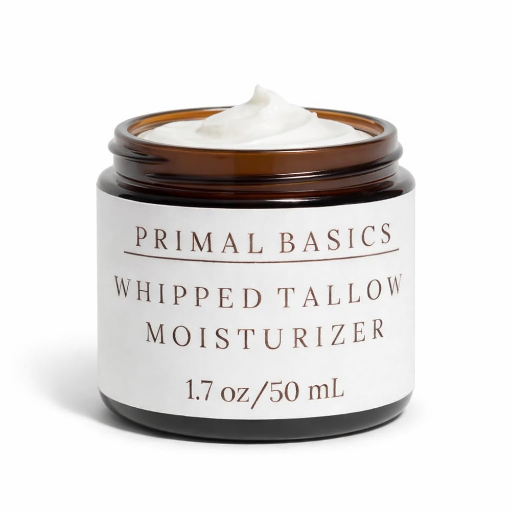 Primal Basics vanilla beef tallow moisturizer jar with natural packaging and subtle vanilla aroma.