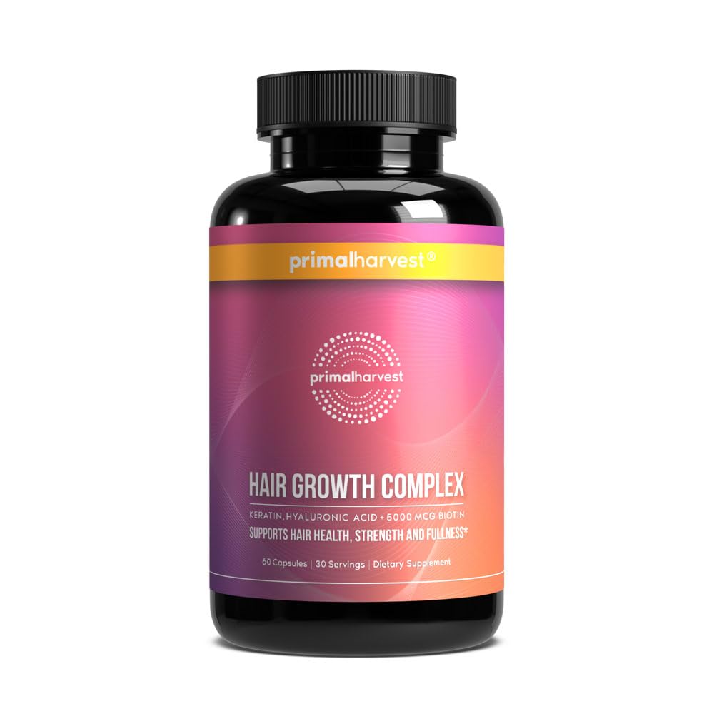 Primal Harvest Hair Growth vitamins bottle, convenient daily hair wellness support.