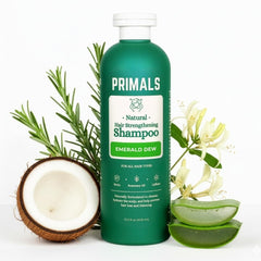 PRIMALS Hair Strengthening Shampoo bottle shows a clean, plant-based formula for daily use.