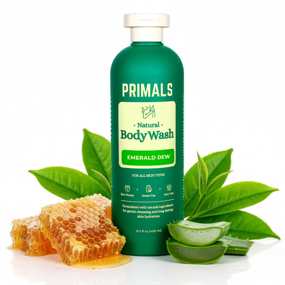 PRIMALS Natural Body Wash Aloe Vera bottle shows gentle cleansing for sensitive skin