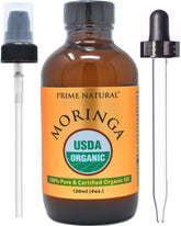 Prime Natural Moringa Oil bottle shows pure organic formula for skin and hair care