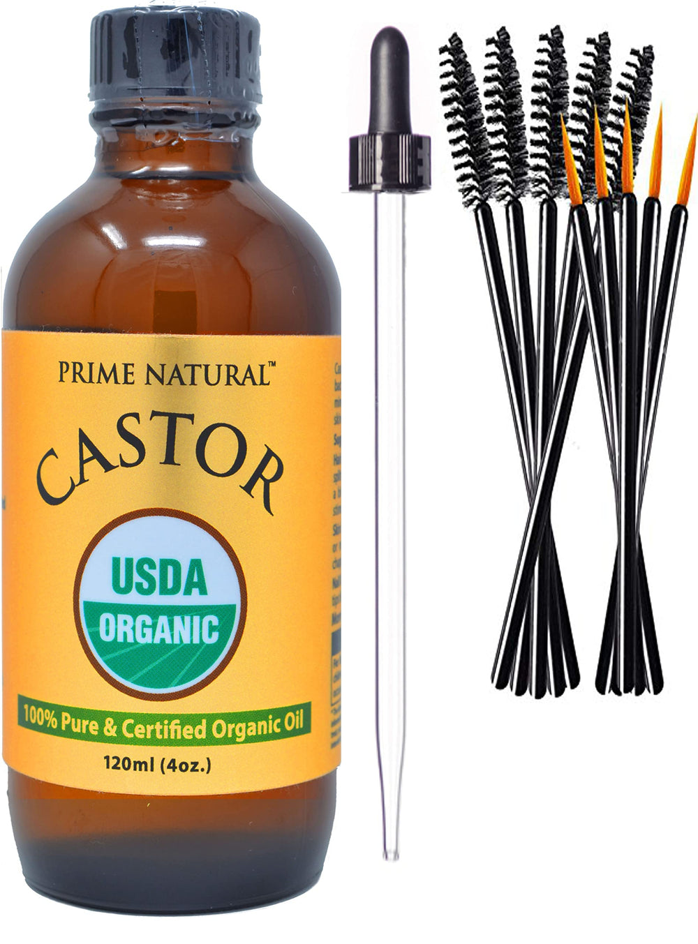 Prime Natural Organic Castor Oil bottle for lashes, brows, and hair care.