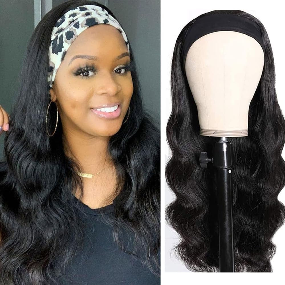 Prisyfab body wave headband wig 18inch demonstrates effortless glue-free styling.