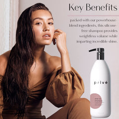 Bamboo-acai formula in Prive Amp Up Volumizing Shampoo highlights natural botanicals.