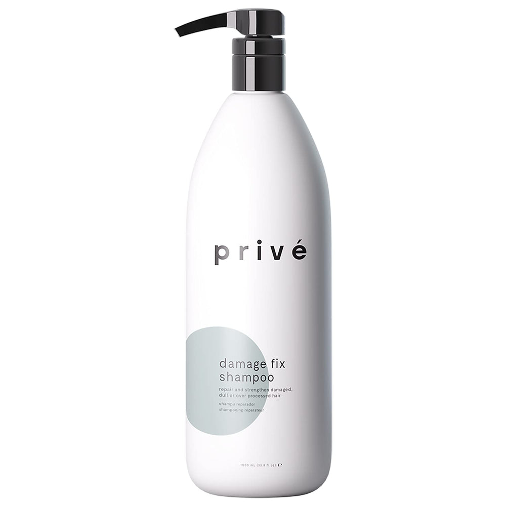 Prive Damage Fix Shampoo bottle shows color-safe, sulfate-free repair for damaged hair
