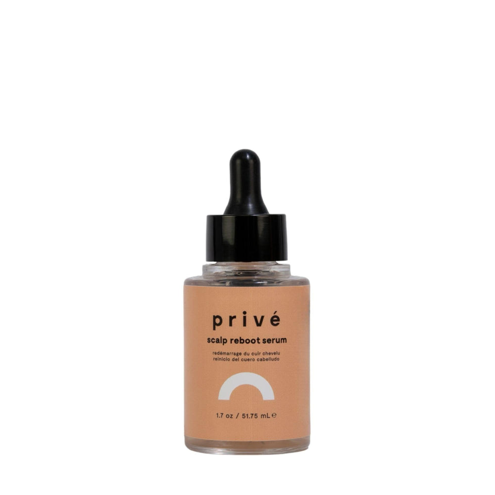 Prive Reboot scalp serum bottle showcases lightweight formula for quick absorption.