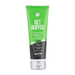 Pro Tan Get Buffed Pre-Tan Scrub jar with tropical scent balances skin pH and primes tan.