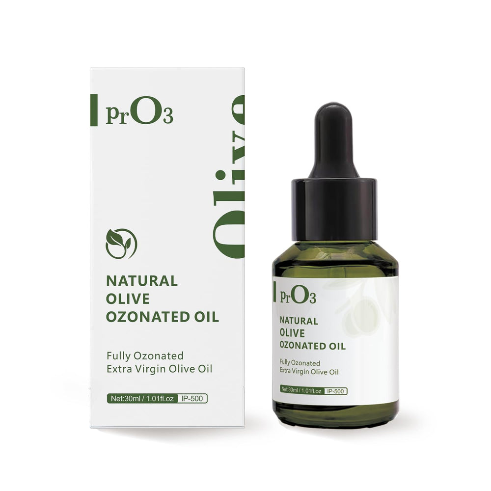 PrO3 ozonated olive oil bottle pour for precise skin application.