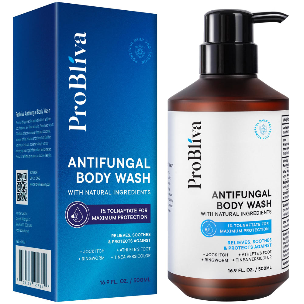 ProBliva antifungal body wash bottle with label highlighting 1% Tolnaftate for skin care.