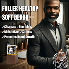 Application shot shows easy rub-in formula for thick, unruly beards.