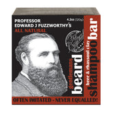 Professor Fuzzworthy's beard shampoo bar packaging highlights a natural, travel-friendly grooming solution.