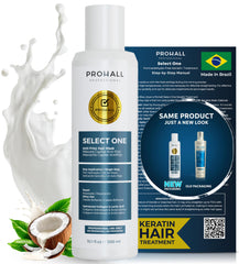 Prohall Select One Brazilian Keratin bottle with formaldehyde-free formula for smooth, frizz-controlled hair.