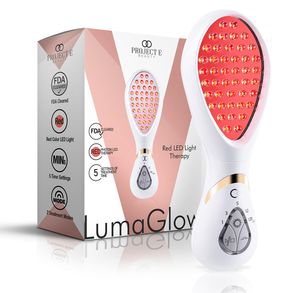 Project E Beauty LumaGlow front view shows a portable red light therapy device for home use.