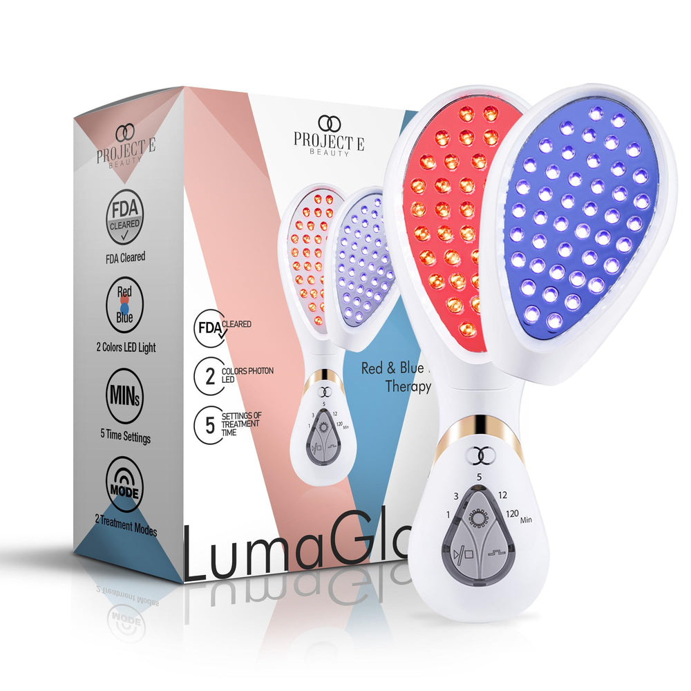 Project E Beauty LumaGlow red and blue photon light therapy for at-home skincare and gentle rejuvenation.