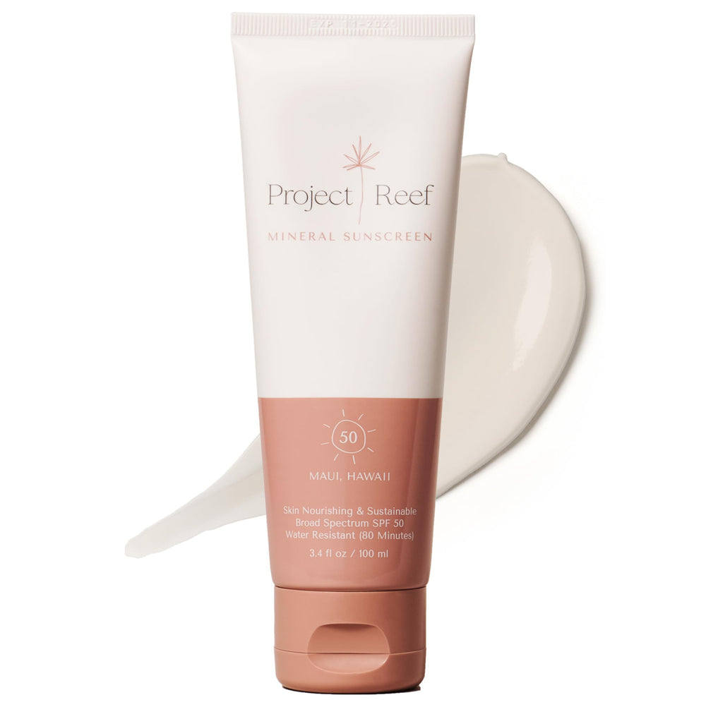 Project Reef SPF 50 mineral sunscreen bottle shows reef-safe protection.