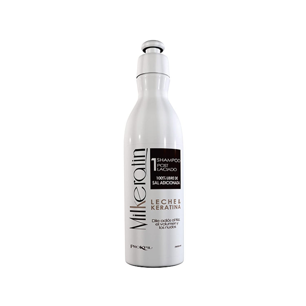 Prokpil Milkeratin Step 1 shampoo bottle, salt-free formula for gentle scalp cleansing and frizz control.
